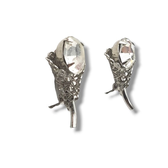 Silver Tone Filigree Oval Faceted Prong Set Rhinestone Clip On Earrings Floral - Picture 2 of 8